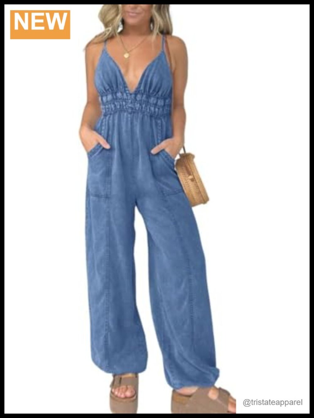 Tencel Denim Jumpsuit V Neck Adjustable Strap Wide Leg Smocked Waist Pockets